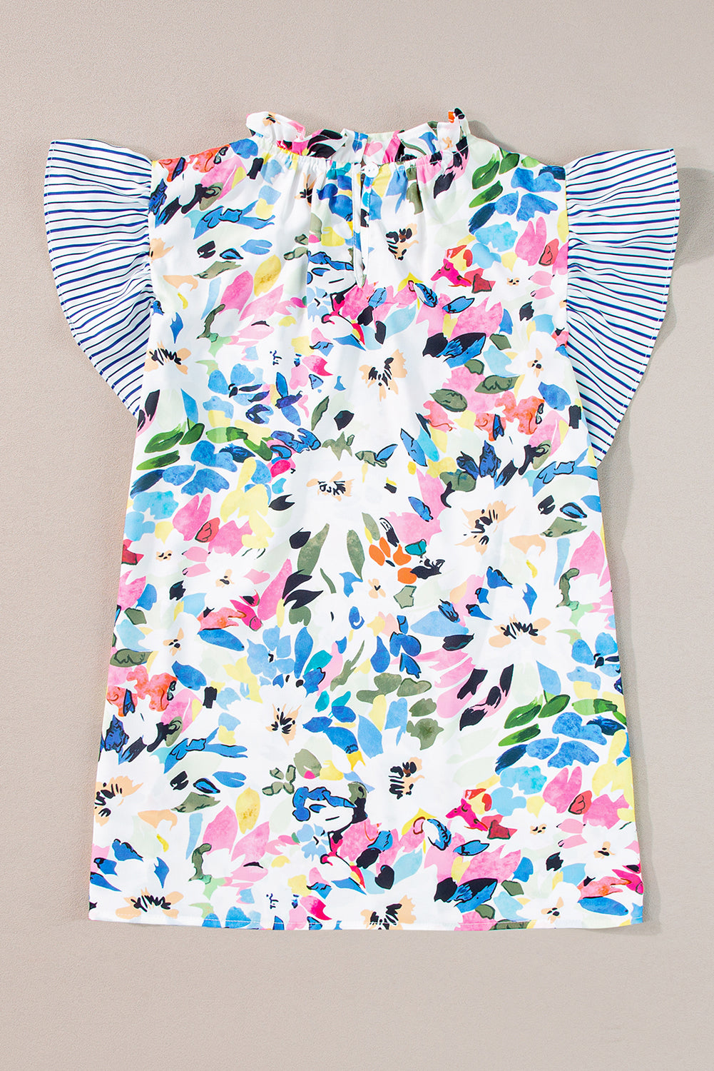 Light Blue Floral Print Striped Ruffled Sleeve Blouse - ThingsWeUseAndLove 