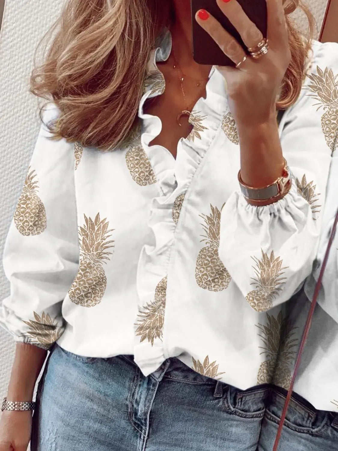 Ruffled Printed V-Neck Long Sleeve Blouse - ThingsWeUseAndLove 