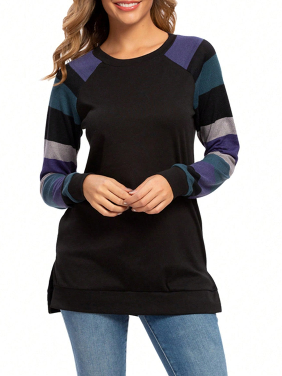 Doria Color Block Round Neck Long Sleeve T-Shirt - ThingsWeUseAndLove Deep-Teal-XL