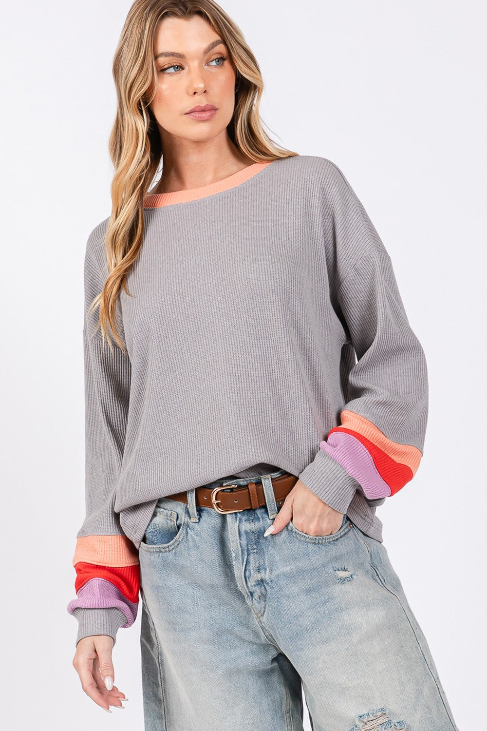 Color Block Waffle Knit T-Shirt - ThingsWeUseAndLove 