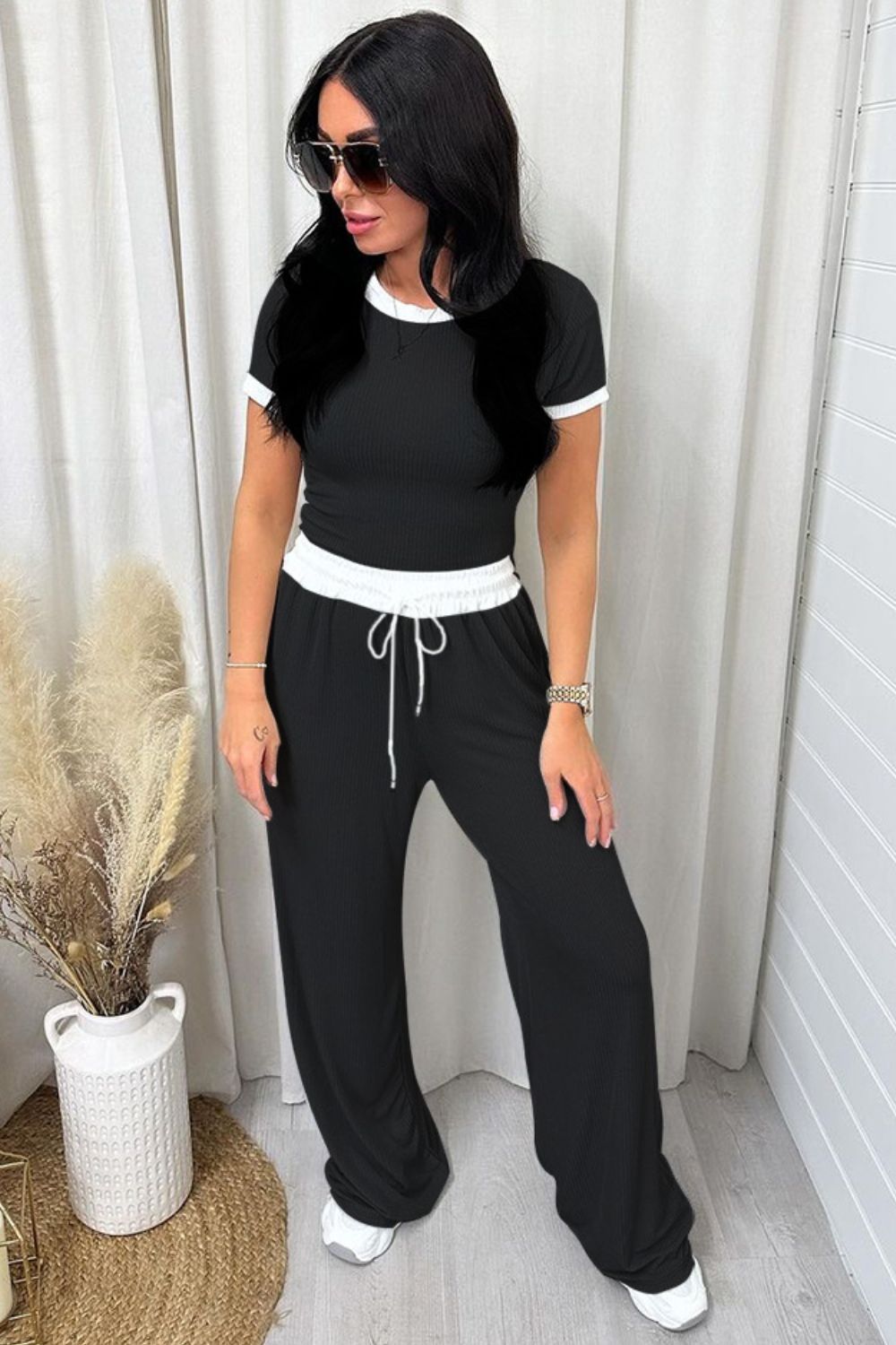 Contrast Trim Round Neck Top and Pants Set - ThingsWeUseAndLove 