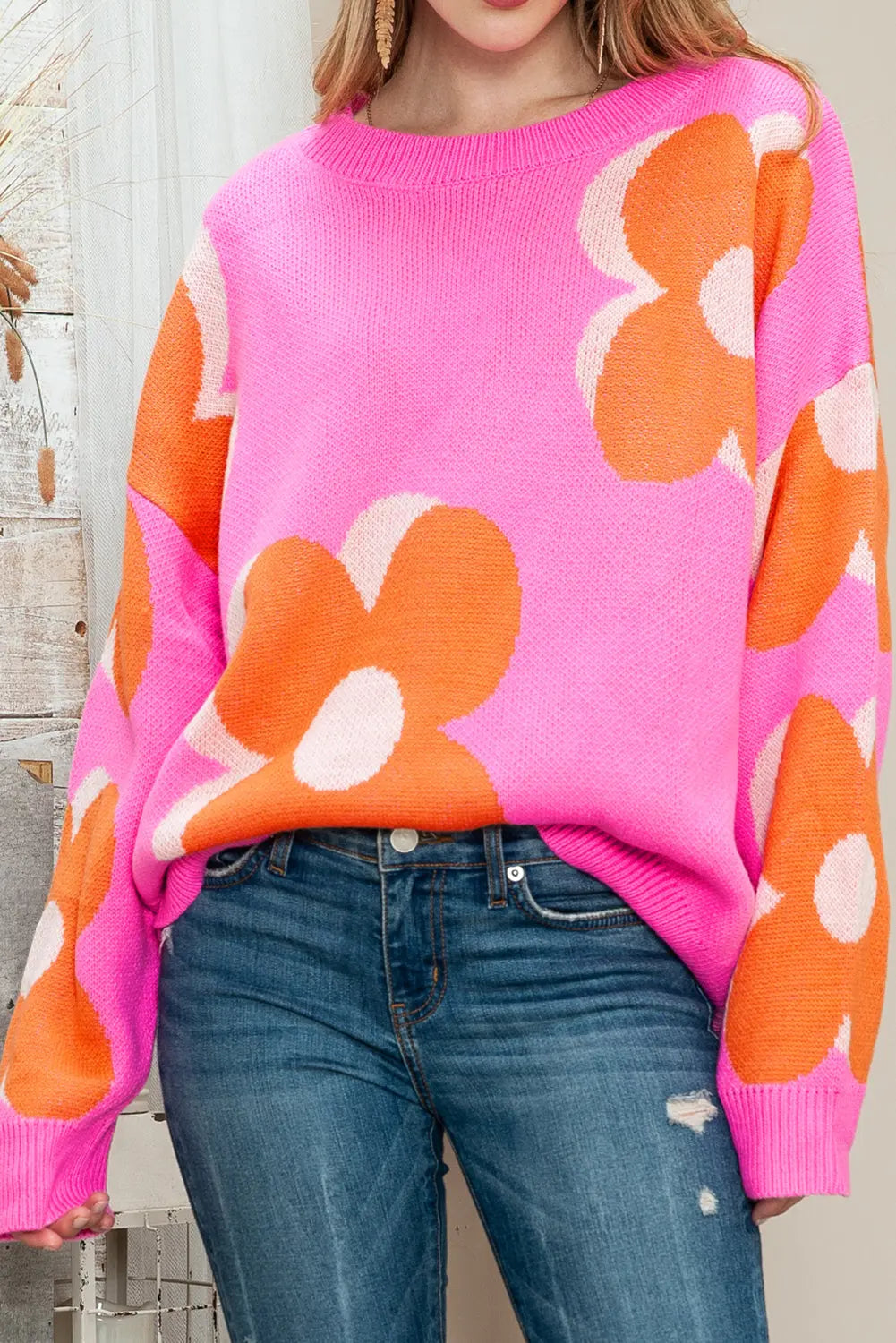 Pink & Orange 60s Floral Cable Knitted Sweater - ThingsWeUseAndLove 