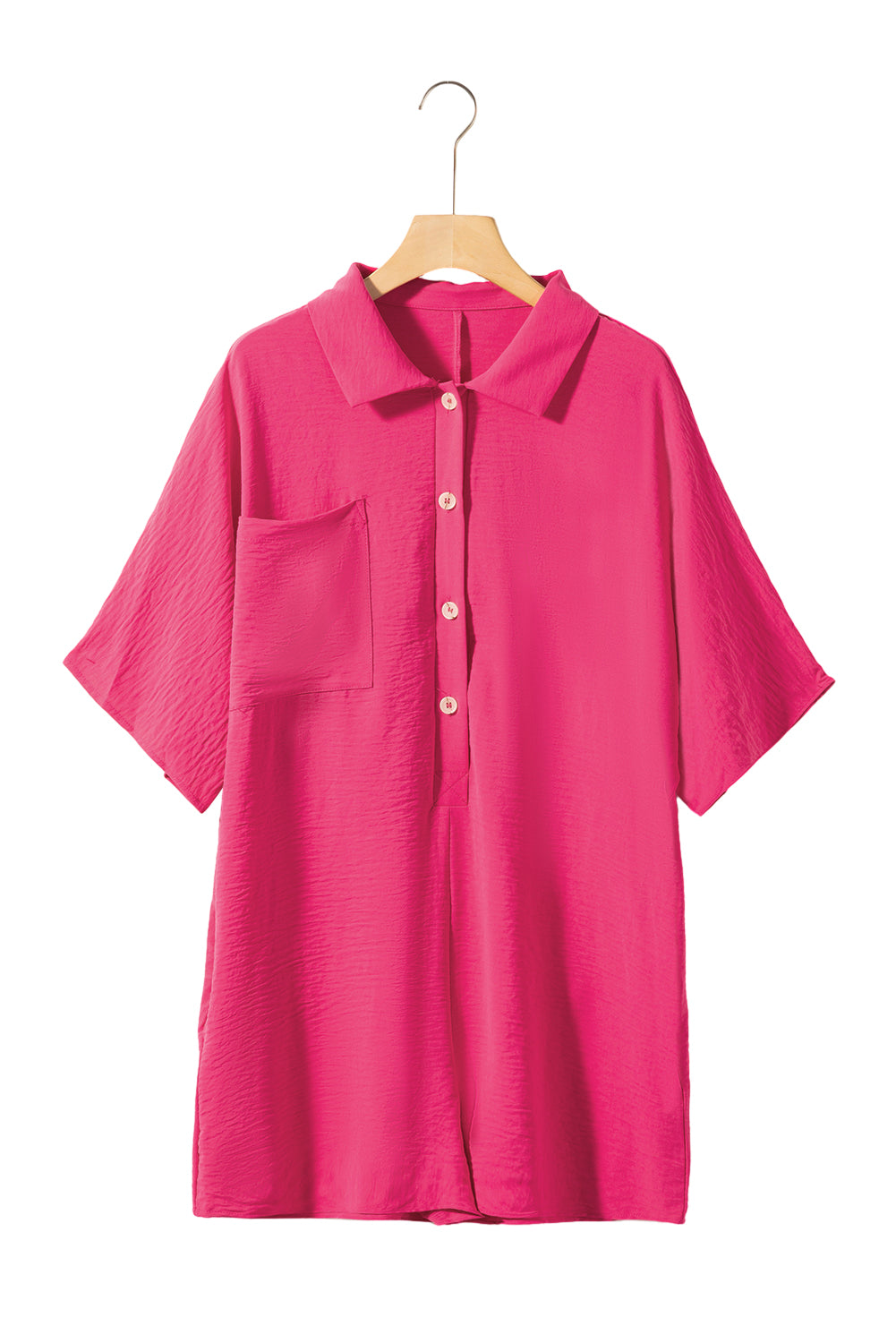 Bright Pink Plain Half Button Collared Pocket Loose Romper - ThingsWeUseAndLove 