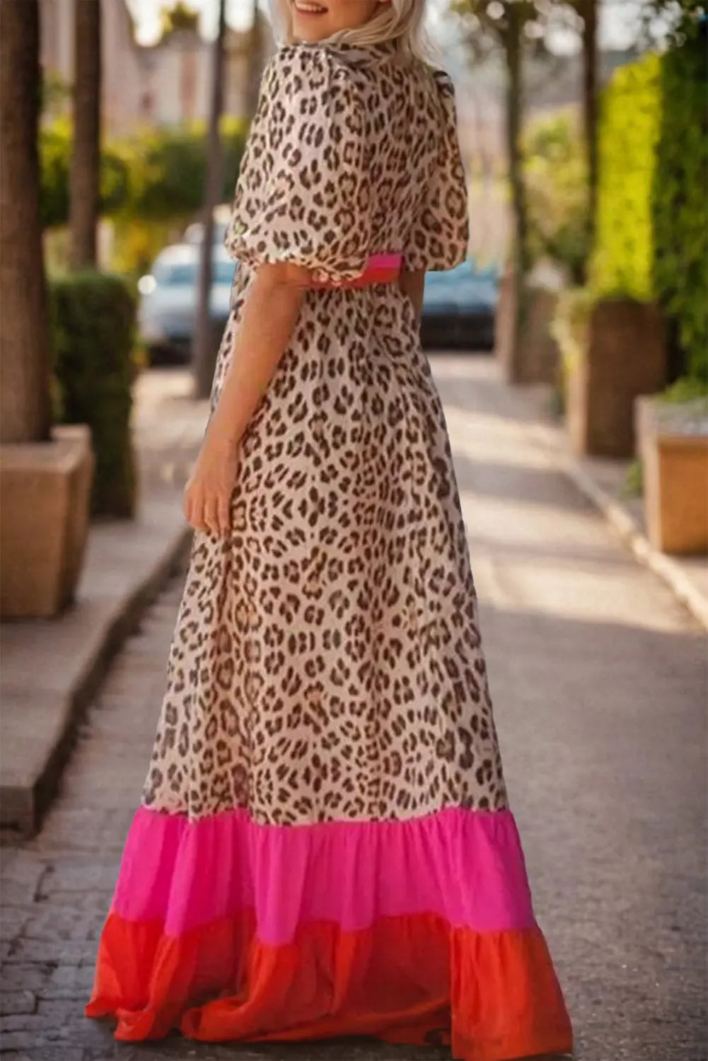 Leopard V-Neck Half Sleeve Maxi Dress - ThingsWeUseAndLove 