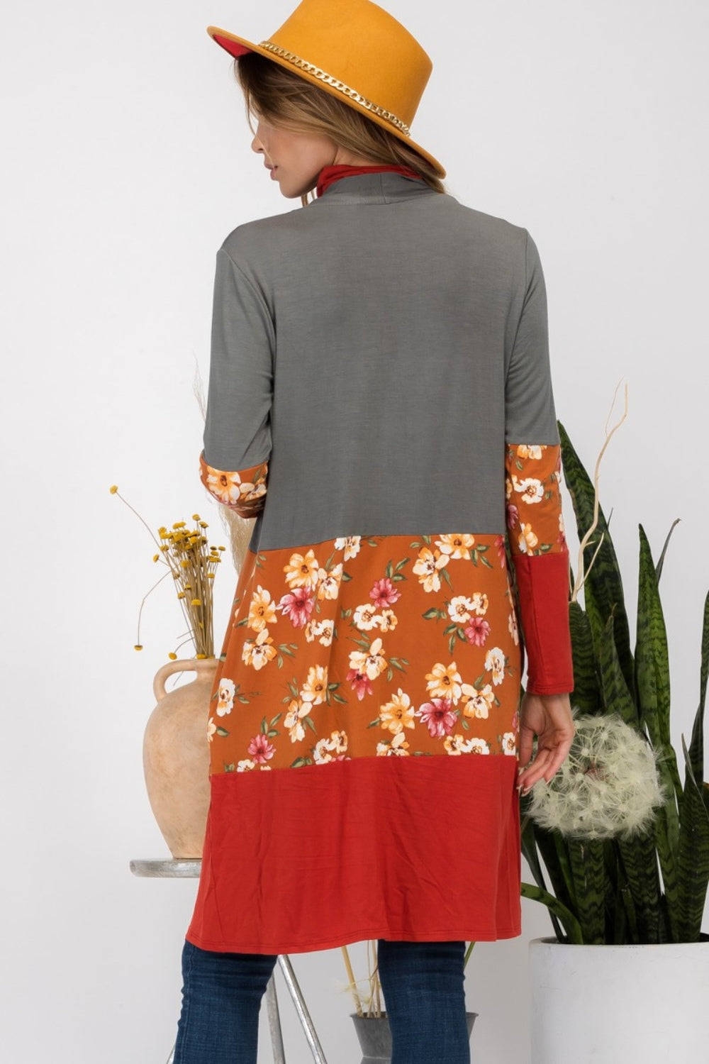 Floral Color Block Olive/Rust Open Front Cardigan - ThingsWeUseAndLove 