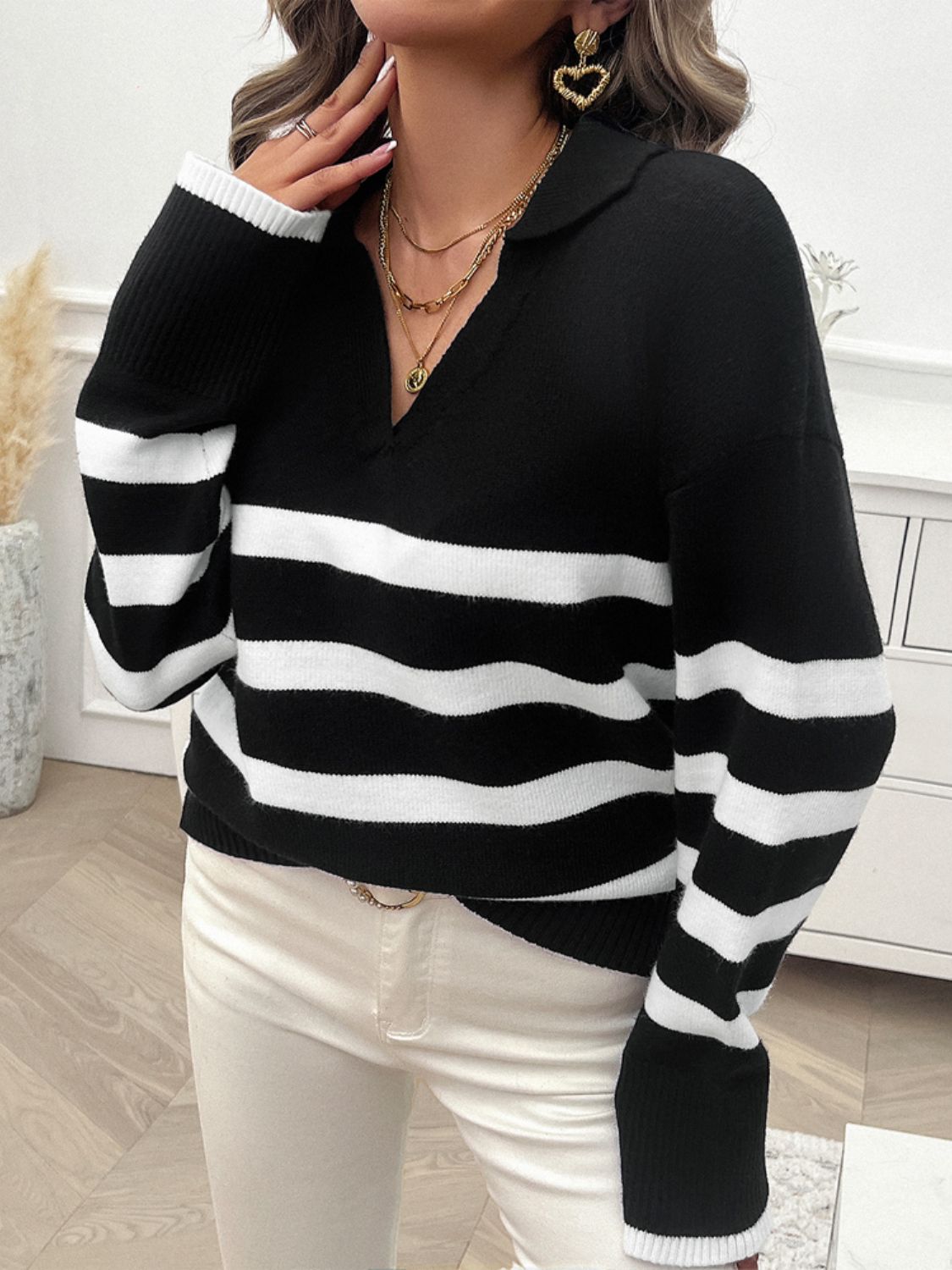 Paityn Collared Neck Long Sleeve Striped Sweater - ThingsWeUseAndLove 