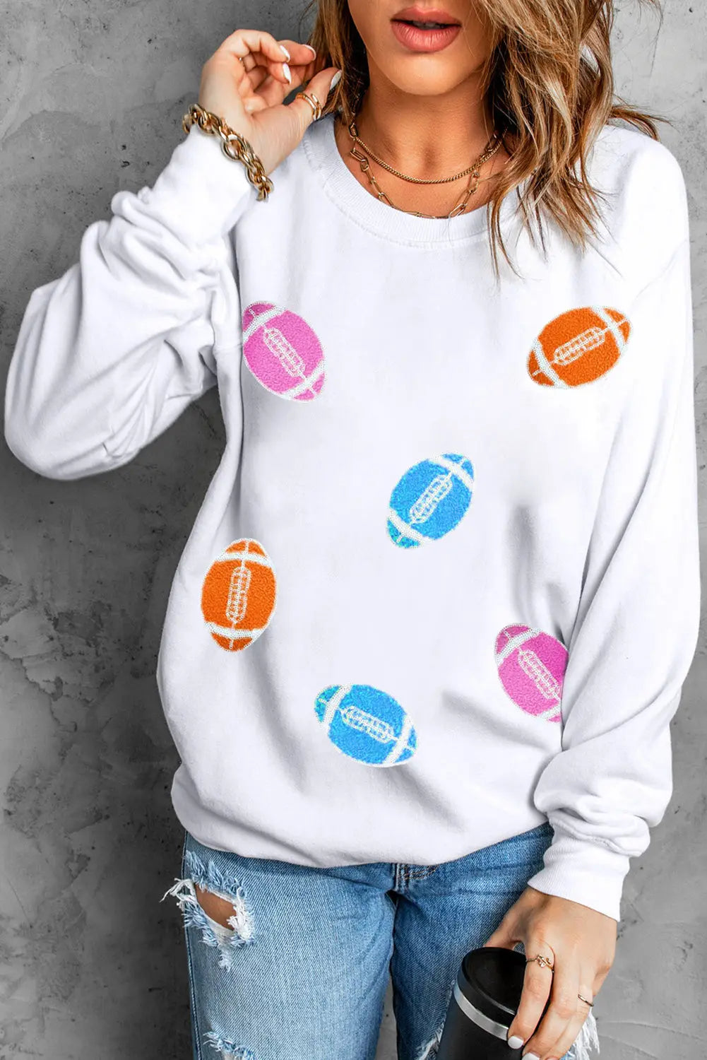 Tali Football Round Neck Long Sleeve Sweatshirt - ThingsWeUseAndLove 