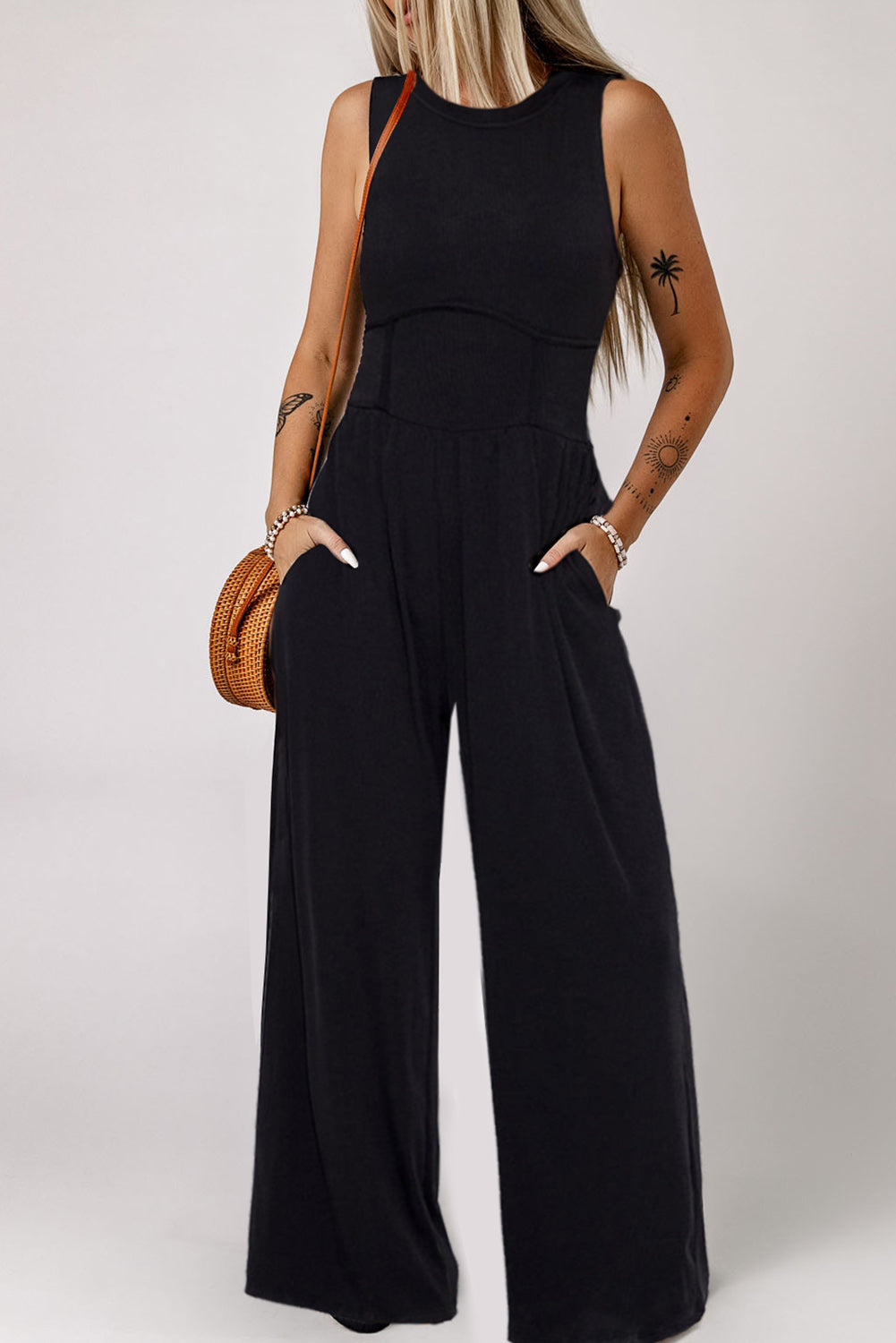 Blackish Green Sleeveless High Waist Wide Leg Jumpsuit - ThingsWeUseAndLove 