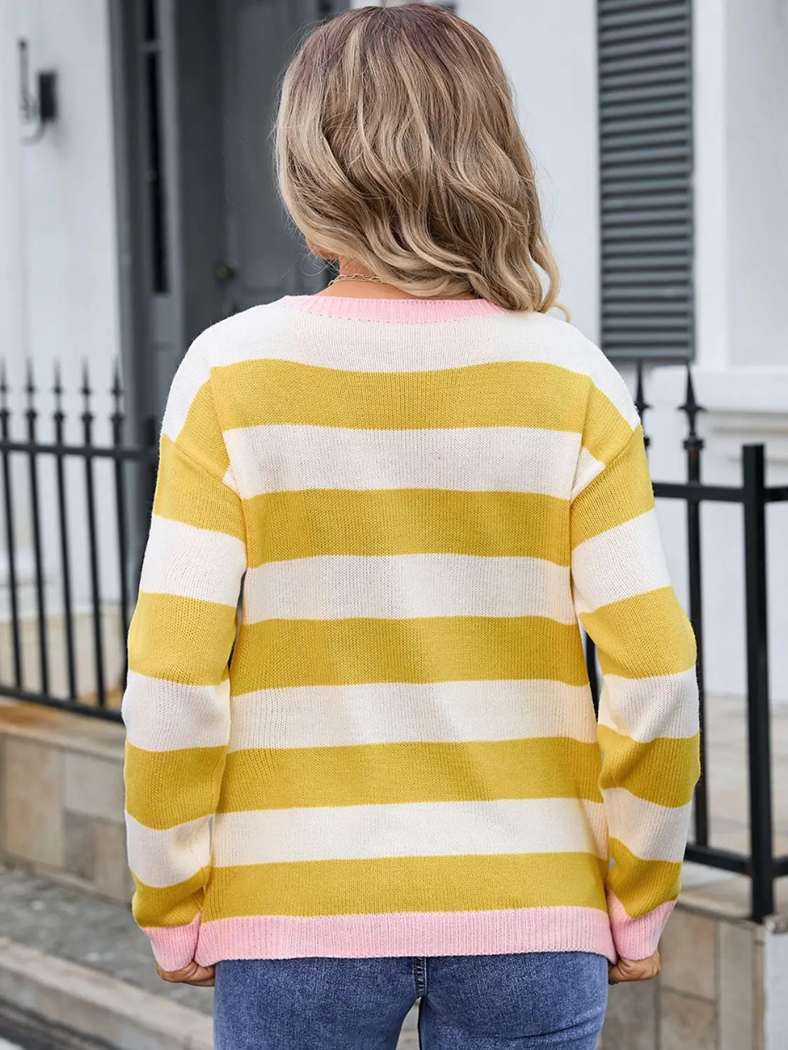 Dropped Shoulder Striped Round Neck Sweater - ThingsWeUseAndLove 