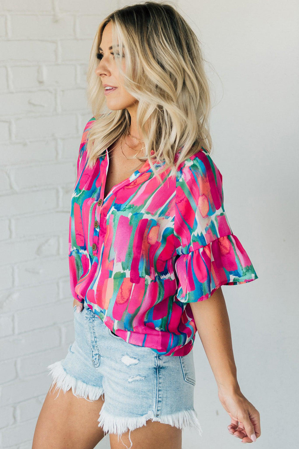 Rose Abstract Brushwork Print Buttoned V Neck Blouse - ThingsWeUseAndLove 