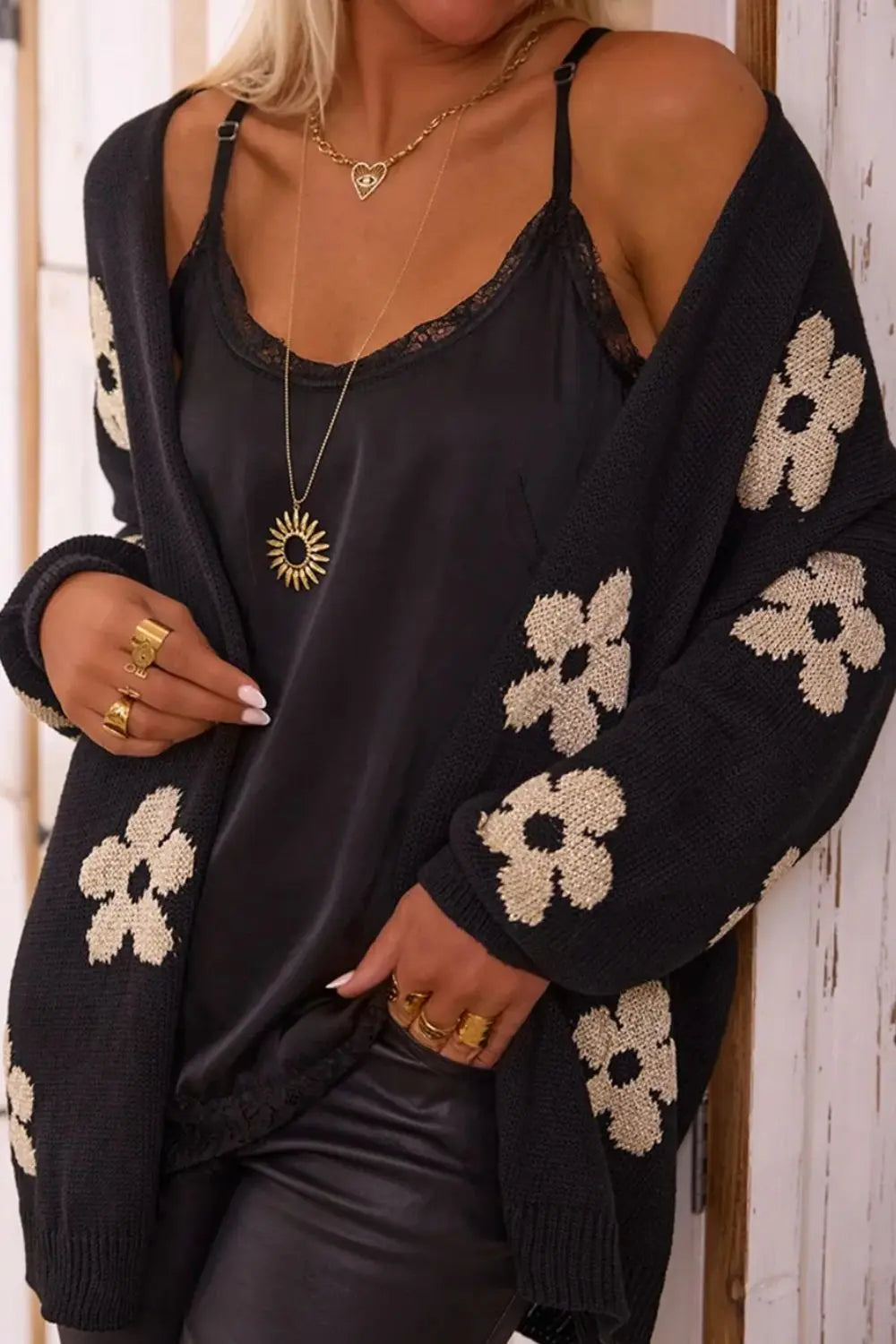 Fallon Flower Open Front Long Sleeve Cardigan - ThingsWeUseAndLove Black-M
