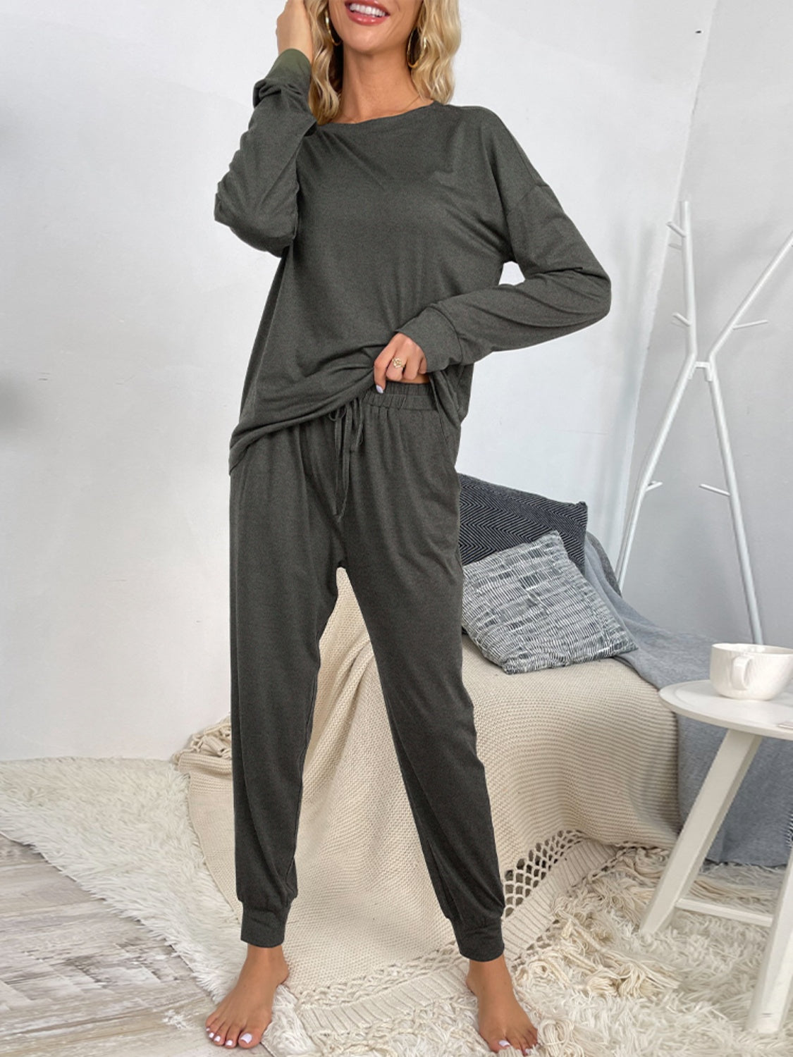 Zya Round Neck Top and Drawstring Pants Lounge Set - ThingsWeUseAndLove 