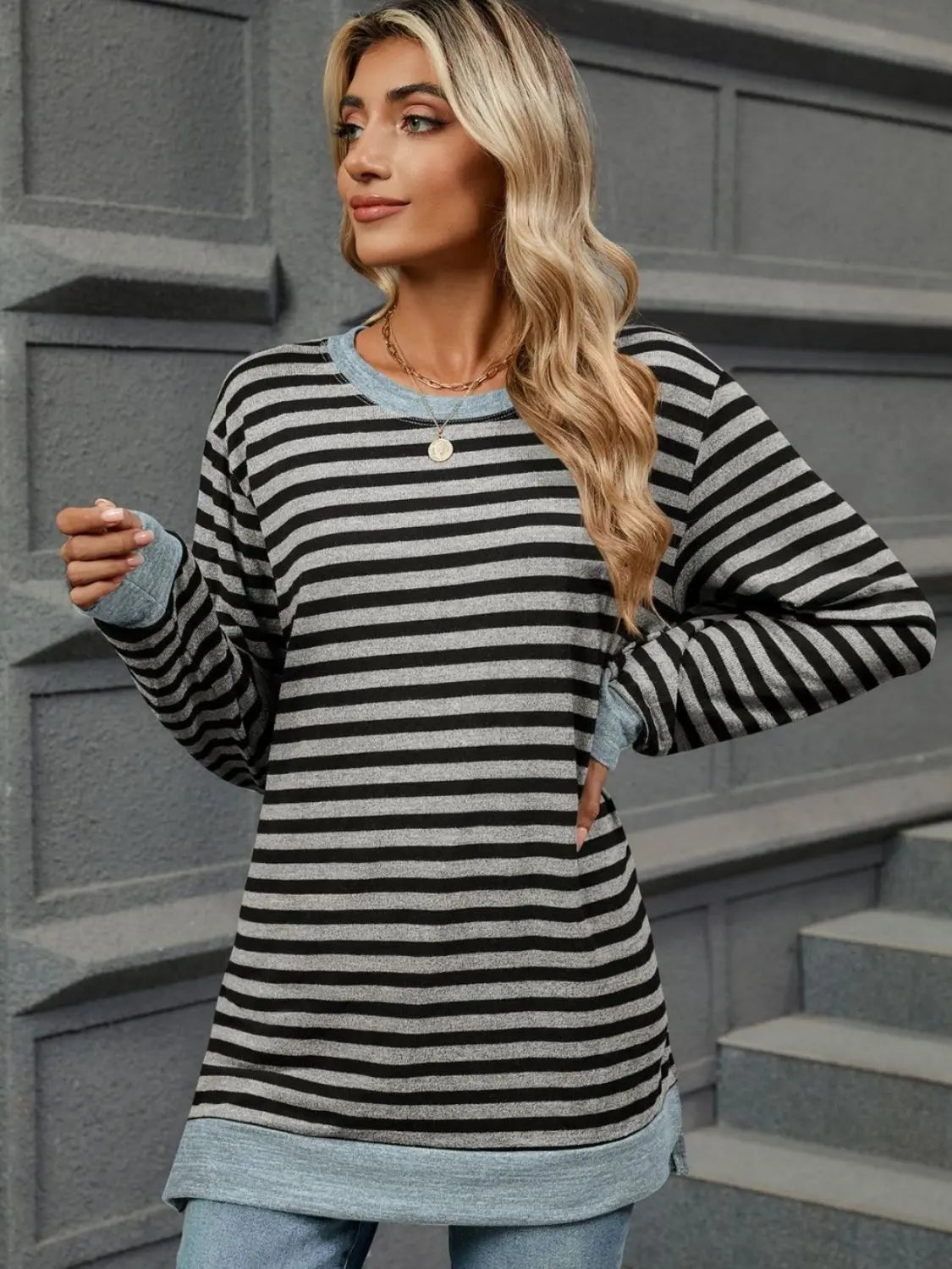 Striped Round Neck Long Sleeve T-Shirt - ThingsWeUseAndLove Gray-2XL