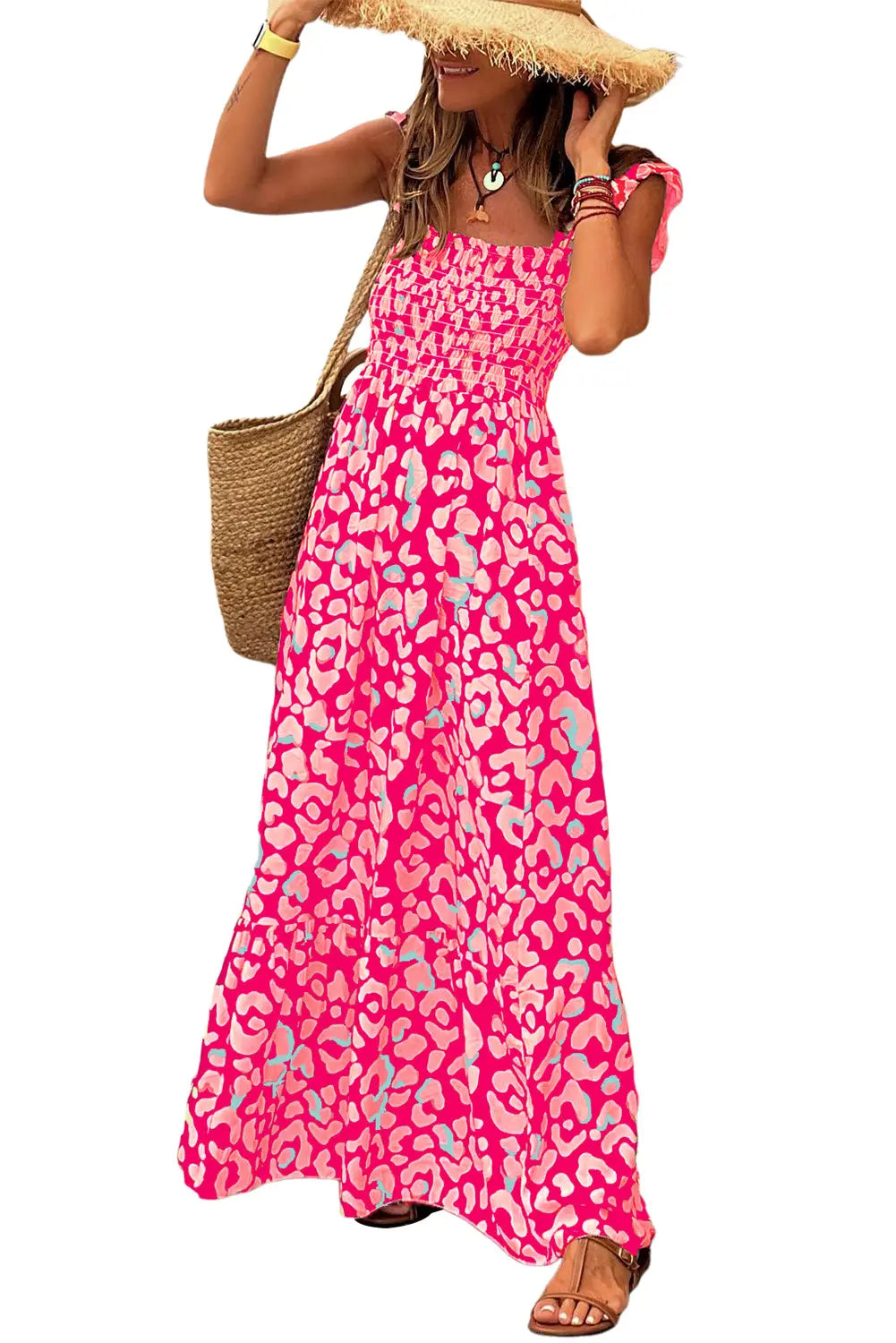 Rose Leopard Ruffle Straps Smocked High Waist Maxi Dress - ThingsWeUseAndLove 