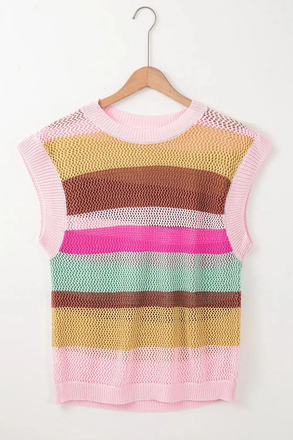 Round Neck Cap Sleeve Color Block Knit Top - ThingsWeUseAndLove 