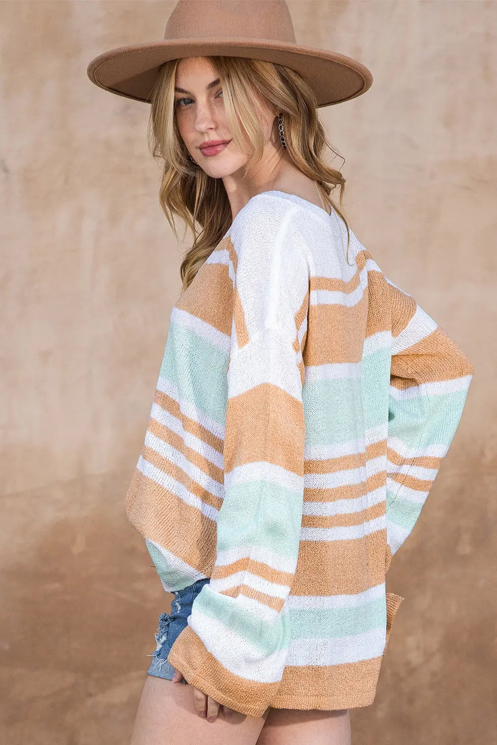 Multicolor Colorblock Stripe V Neck Split Sweater - ThingsWeUseAndLove 