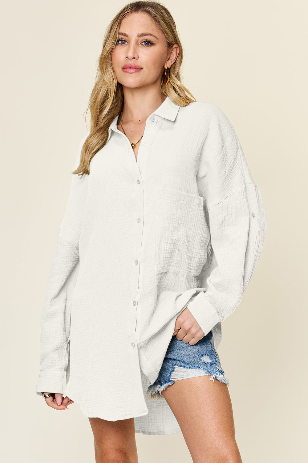 Simone Size Inclusive Pocketed Texture Button Up Shirt - ThingsWeUseAndLove 