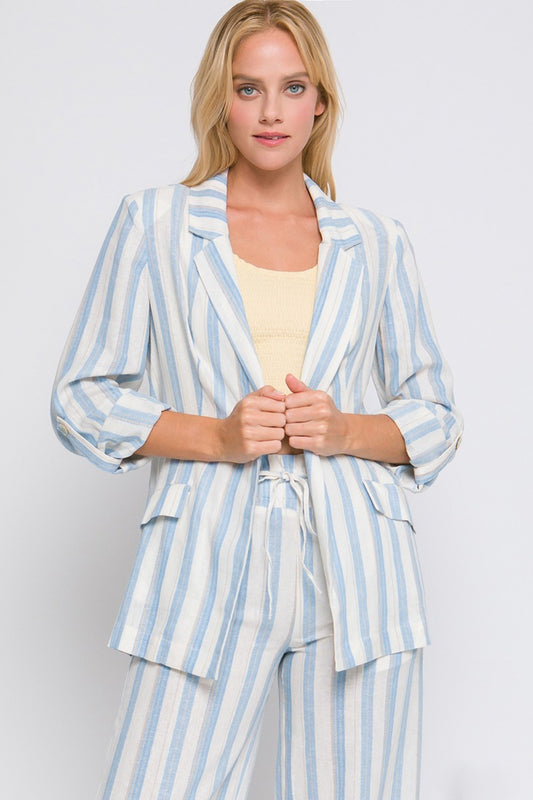 Love Tree Linen Woven Striped Blazer - ThingsWeUseAndLove Blue-L