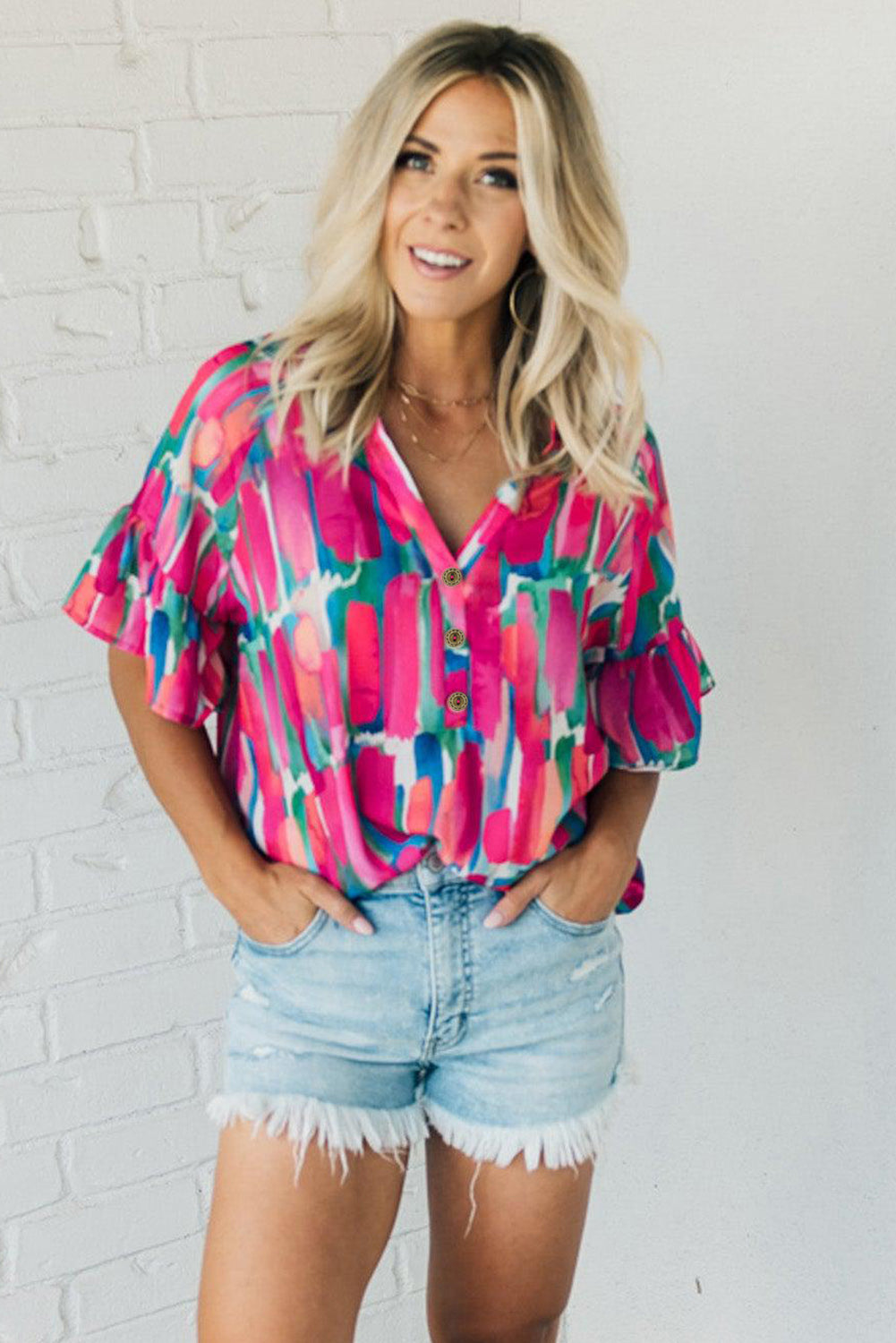 Rose Abstract Brushwork Print Buttoned V Neck Blouse - ThingsWeUseAndLove 