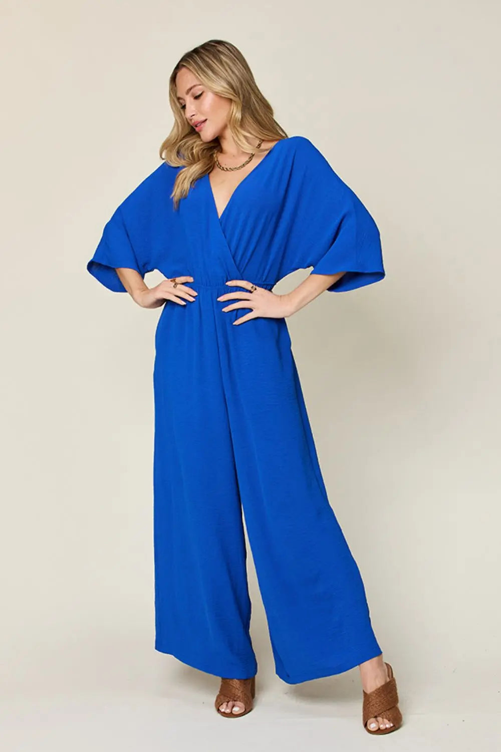 Size Inclusive Surplice Wide Leg Jumpsuit with Pockets - ThingsWeUseAndLove Royal-Blue-3XL