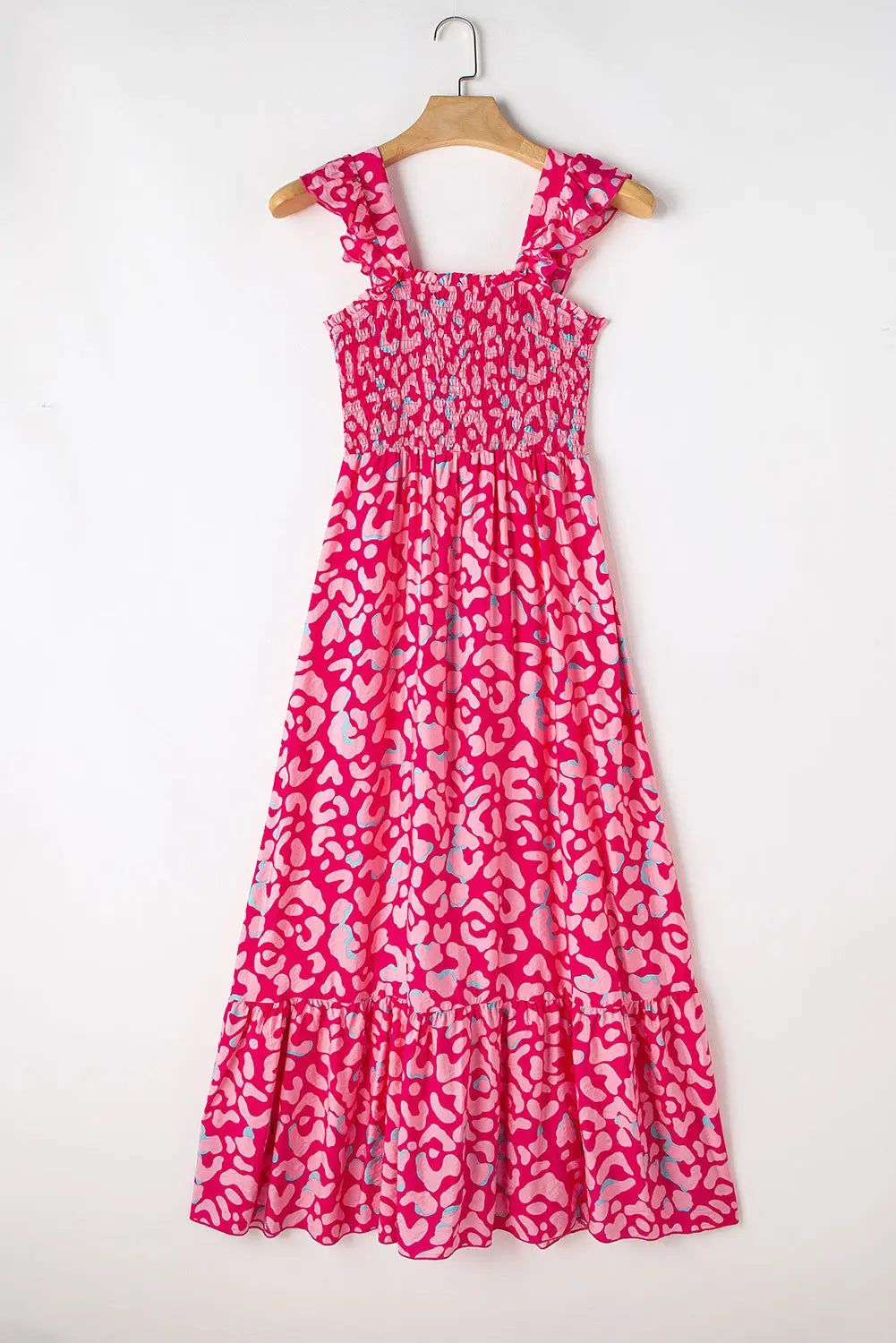 Rose Leopard Ruffle Straps Smocked High Waist Maxi Dress - ThingsWeUseAndLove 