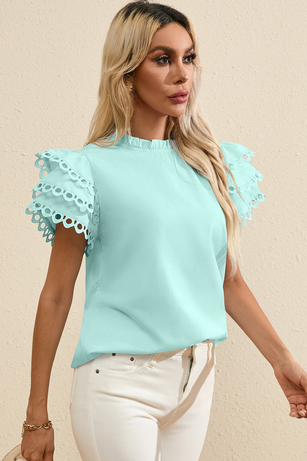 Ruffled Eyelet Round Neck Cap Sleeve Blouse - ThingsWeUseAndLove 