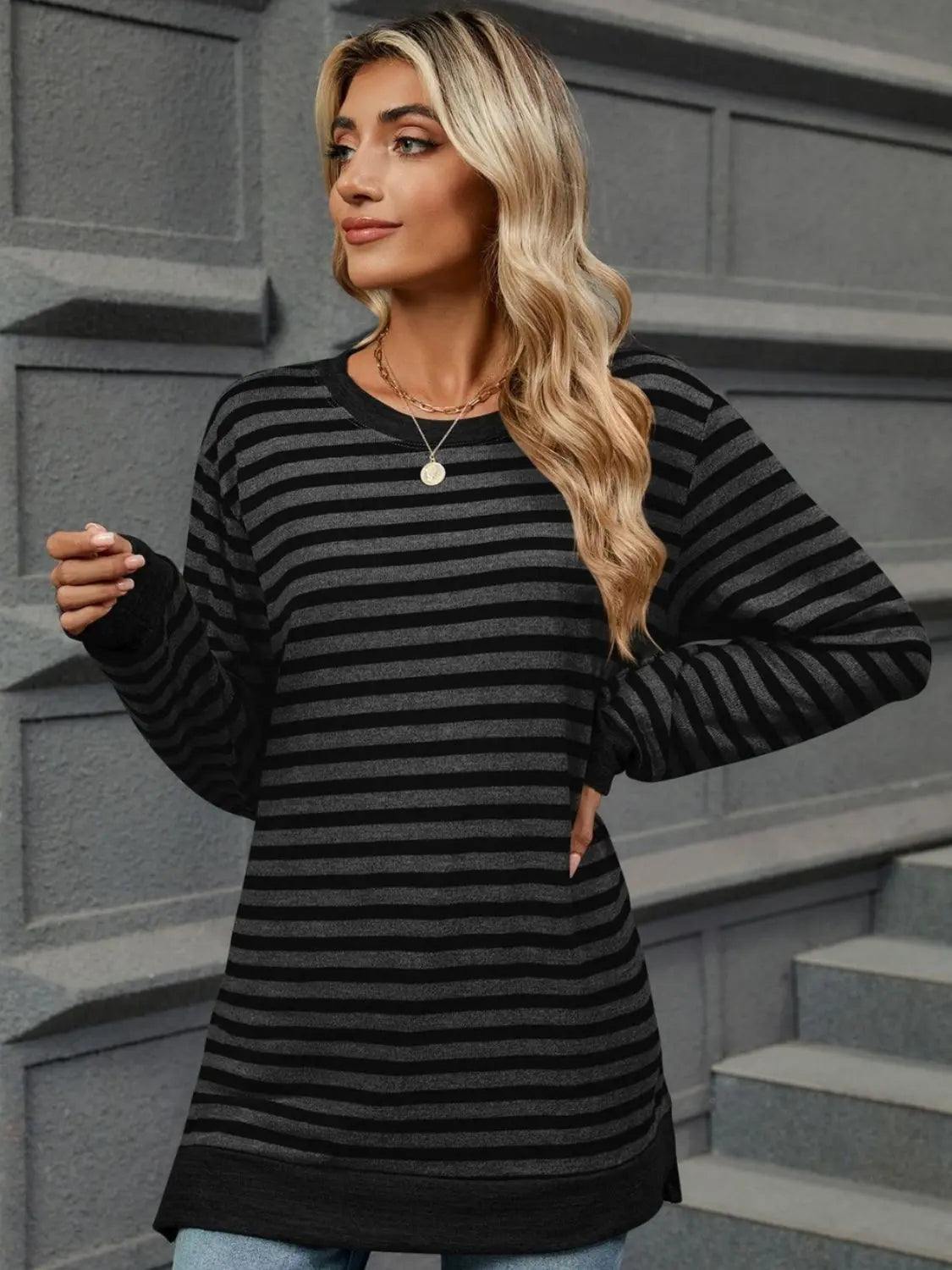 Striped Round Neck Long Sleeve T-Shirt - ThingsWeUseAndLove 