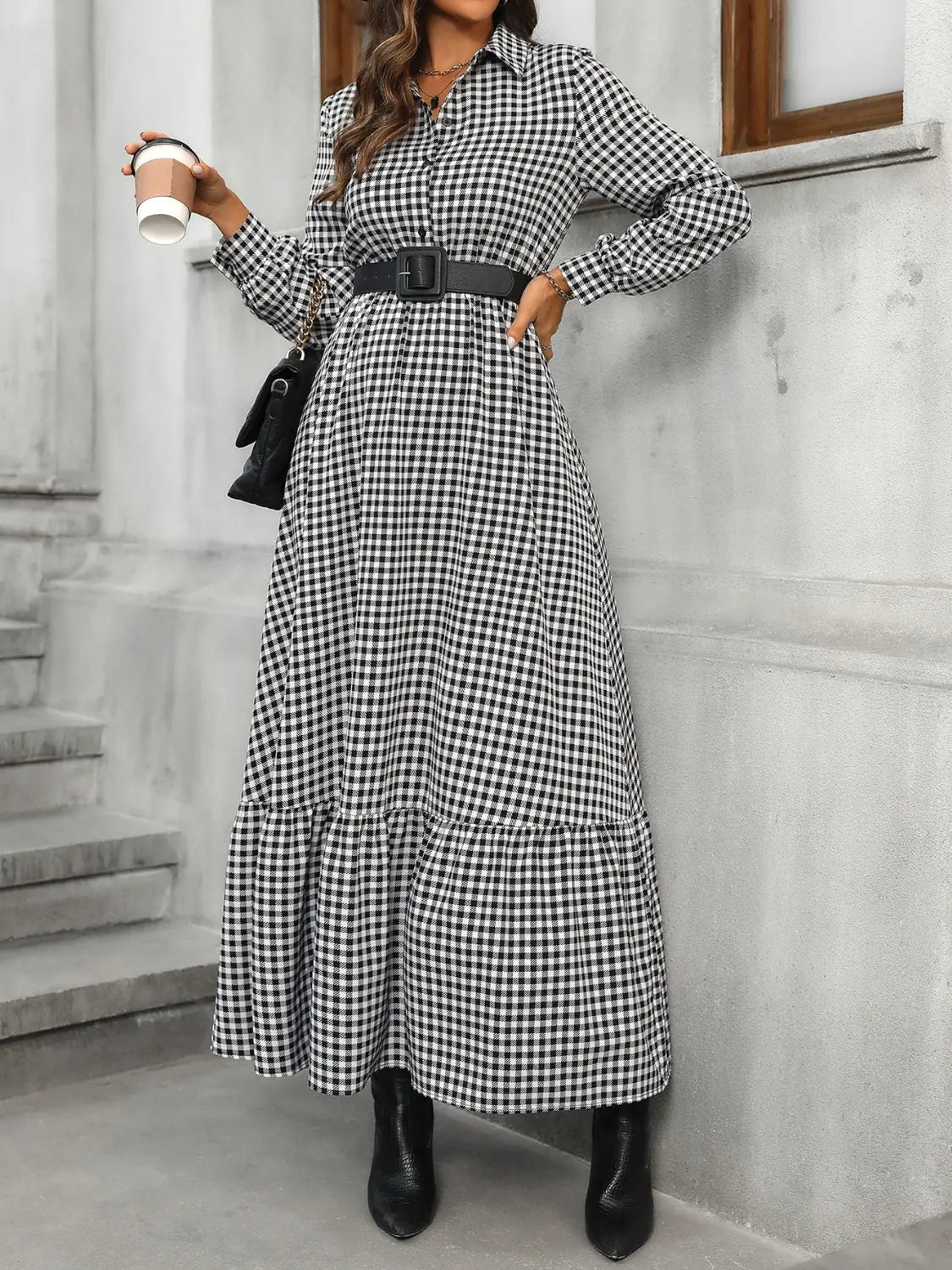 Ruffle Hem Plaid Long Sleeve Dress - ThingsWeUseAndLove 