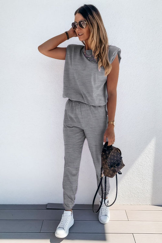 Ashlyn Padded Shoulder Top and Joggers Lounge Set - ThingsWeUseAndLove Mid-Gray-XL