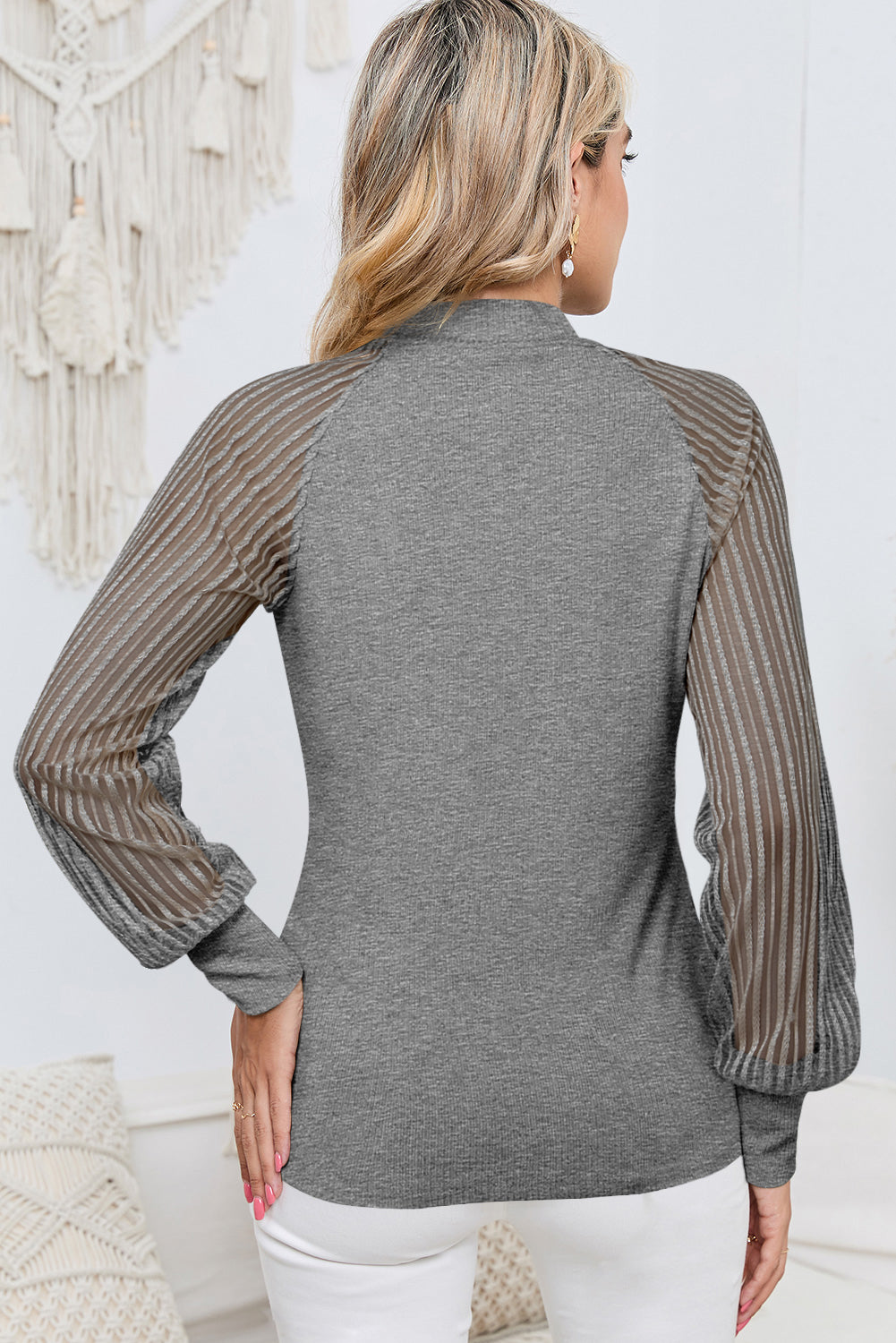 Black Basic Crew Neck Dressy Striped Mesh Long Sleeve Top - ThingsWeUseAndLove 