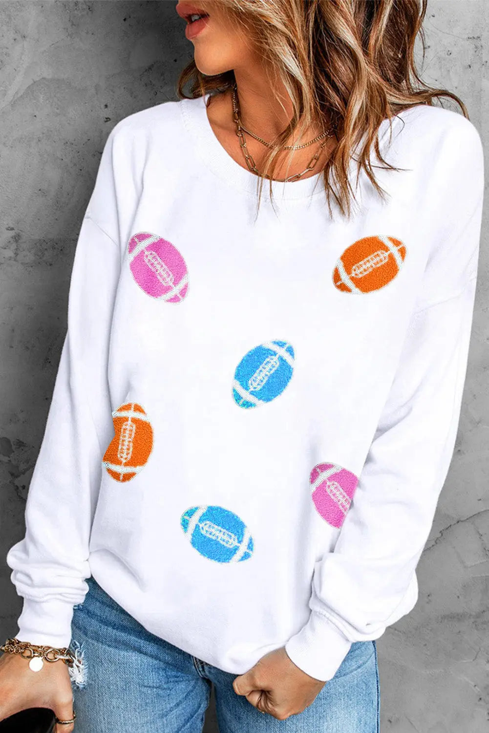 Tali Football Round Neck Long Sleeve Sweatshirt - ThingsWeUseAndLove White-2XL