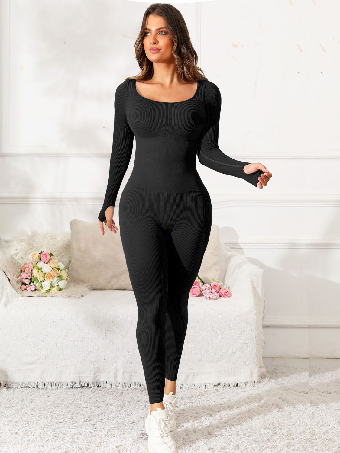 Fit & Fab Scoop Neck Long Sleeve Active Jumpsuit - ThingsWeUseAndLove 