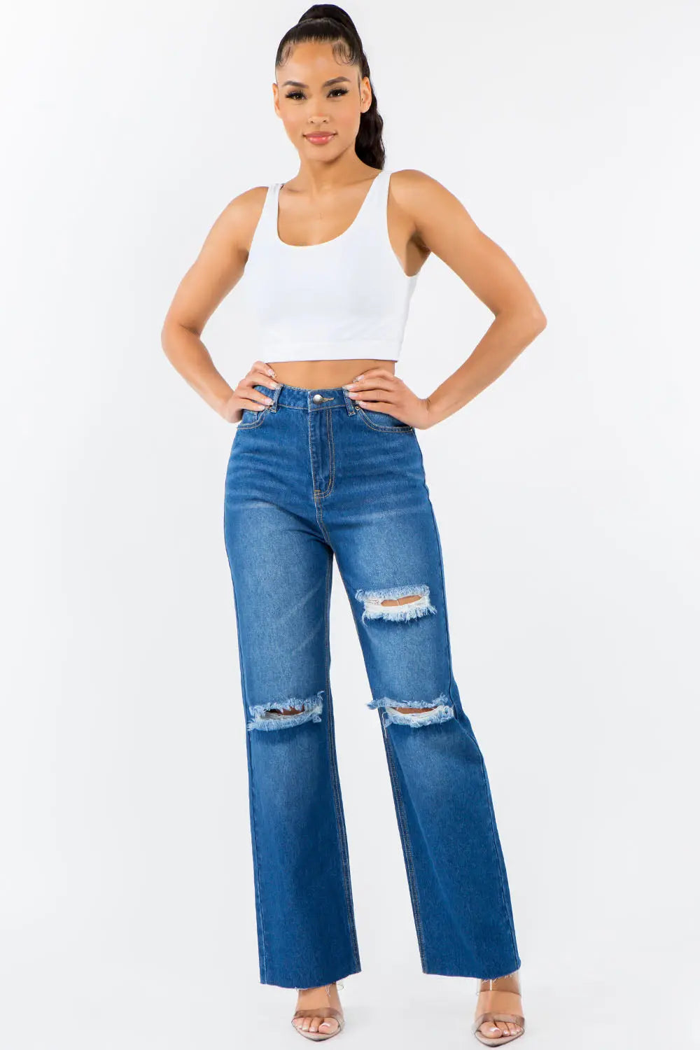 Sheila High Waist Distressed Wide Leg Jeans - ThingsWeUseAndLove Blue-13