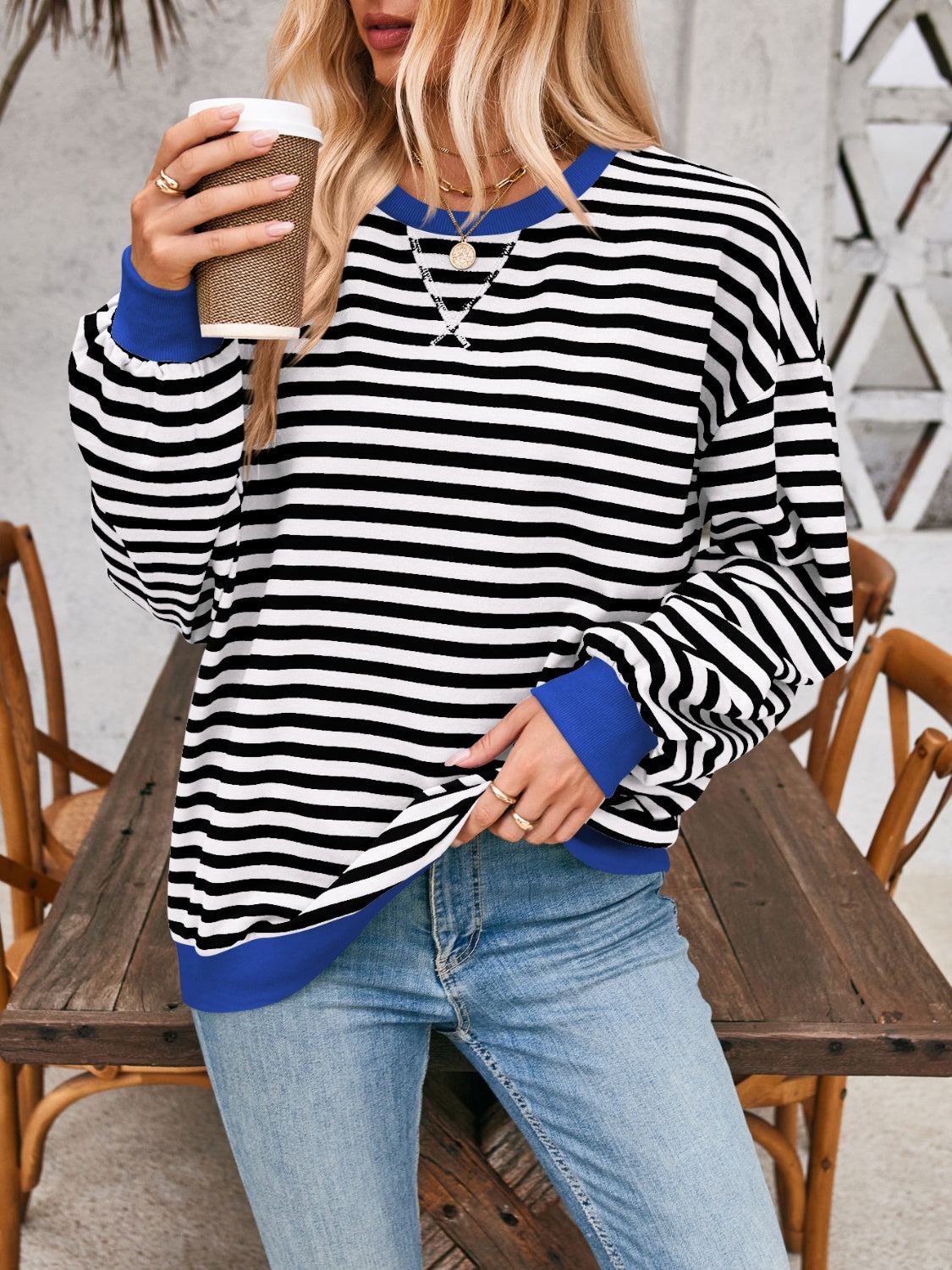 Aviana Contrast Striped Long Sleeve Sweatshirt - ThingsWeUseAndLove Black-XL