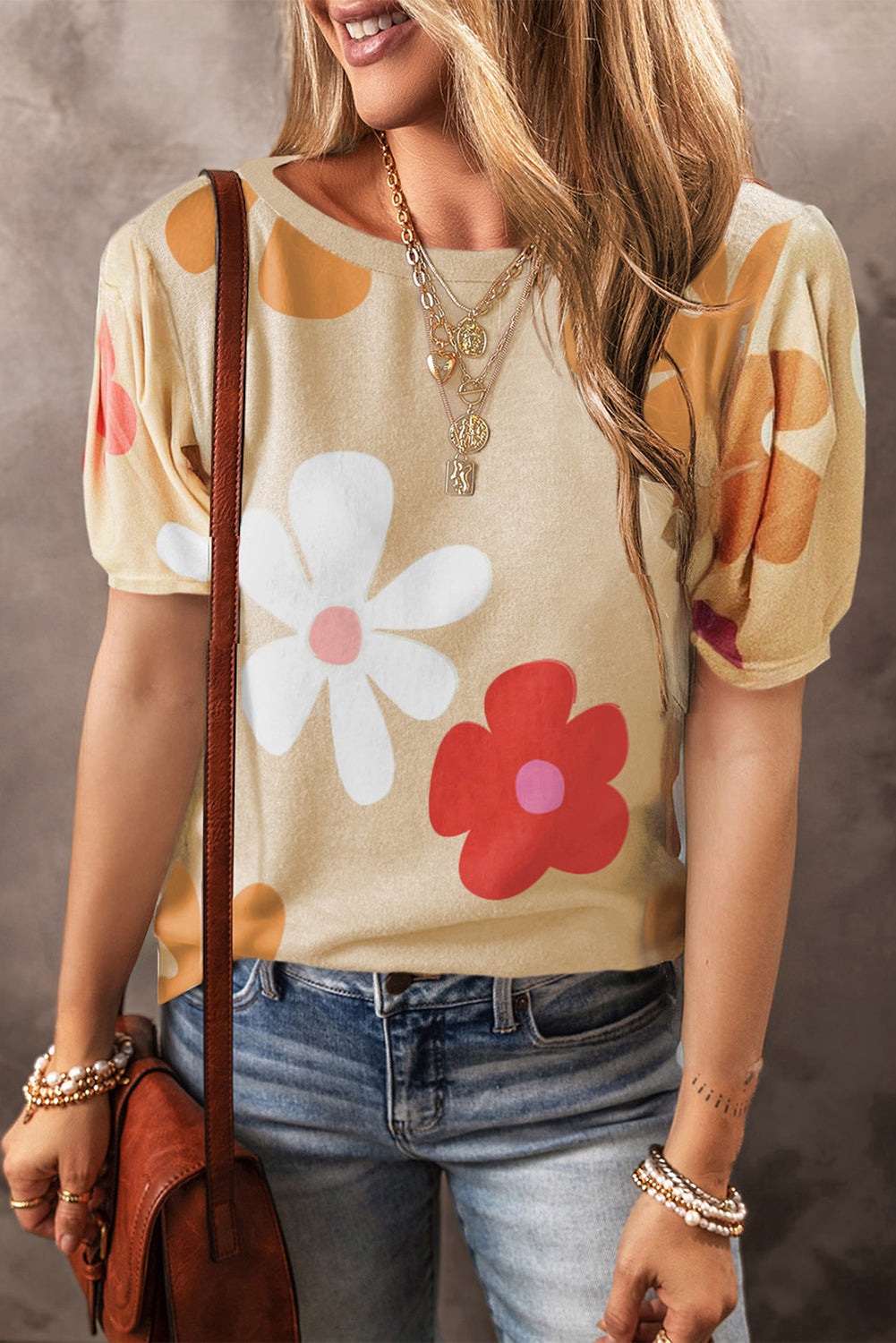 Sky Blue Flower Print Bubble Sleeve Tee - ThingsWeUseAndLove Apricot-XL-95-Polyester-5-Elastane