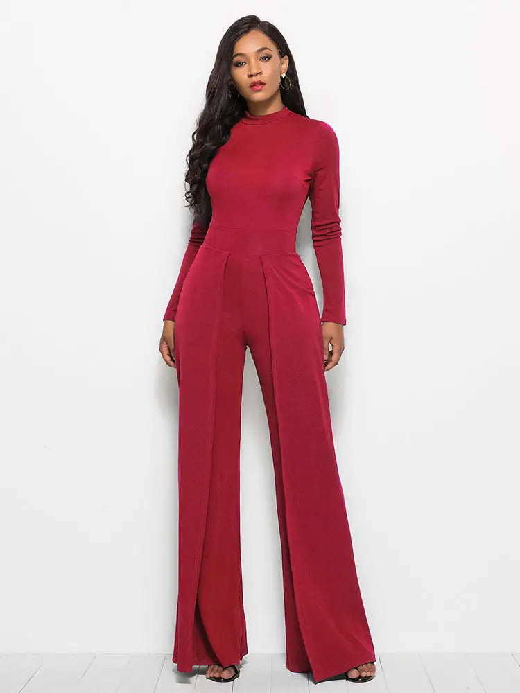 Amanda Long Sleeve Mock Neck Wide Leg Jumpsuit - ThingsWeUseAndLove Red-2XL