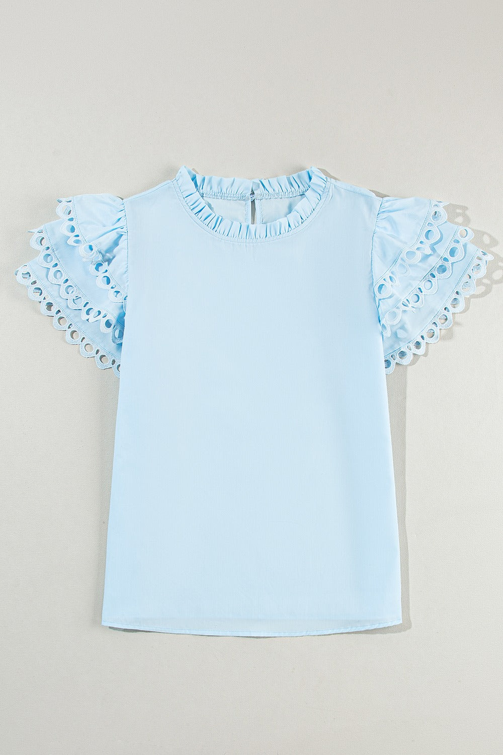 Ruffled Eyelet Round Neck Cap Sleeve Blouse - ThingsWeUseAndLove 