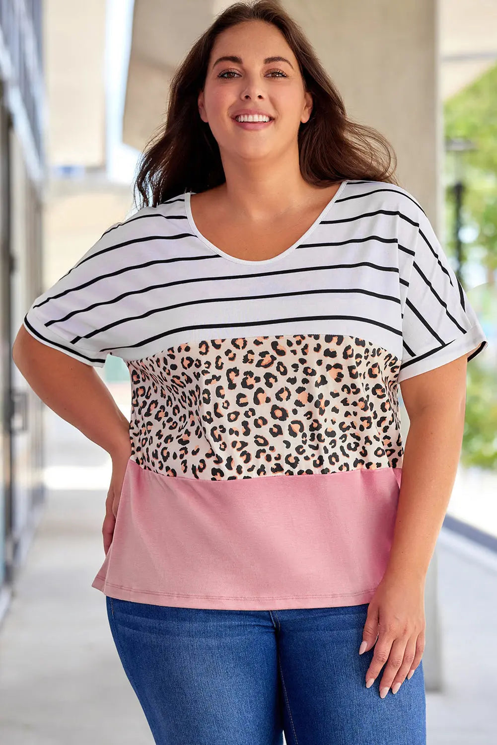 Kayla Size Inclusive Striped Leopard Round Neck Half Sleeve T-Shirt - ThingsWeUseAndLove 