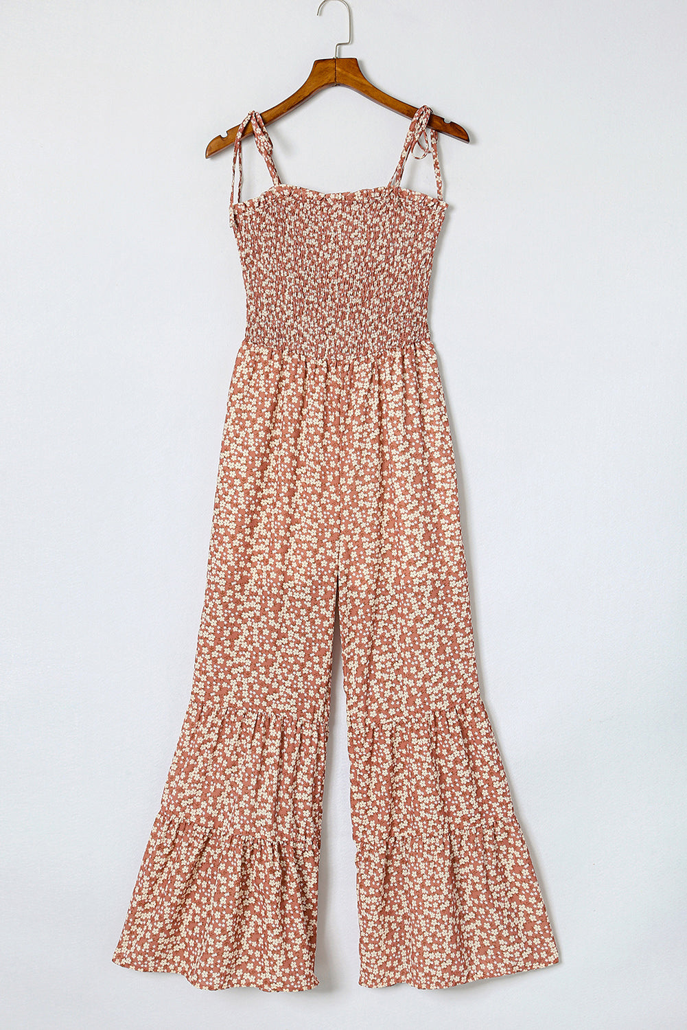 Floral Thin Straps Smocked Bodice Wide Leg Jumpsuit - ThingsWeUseAndLove 