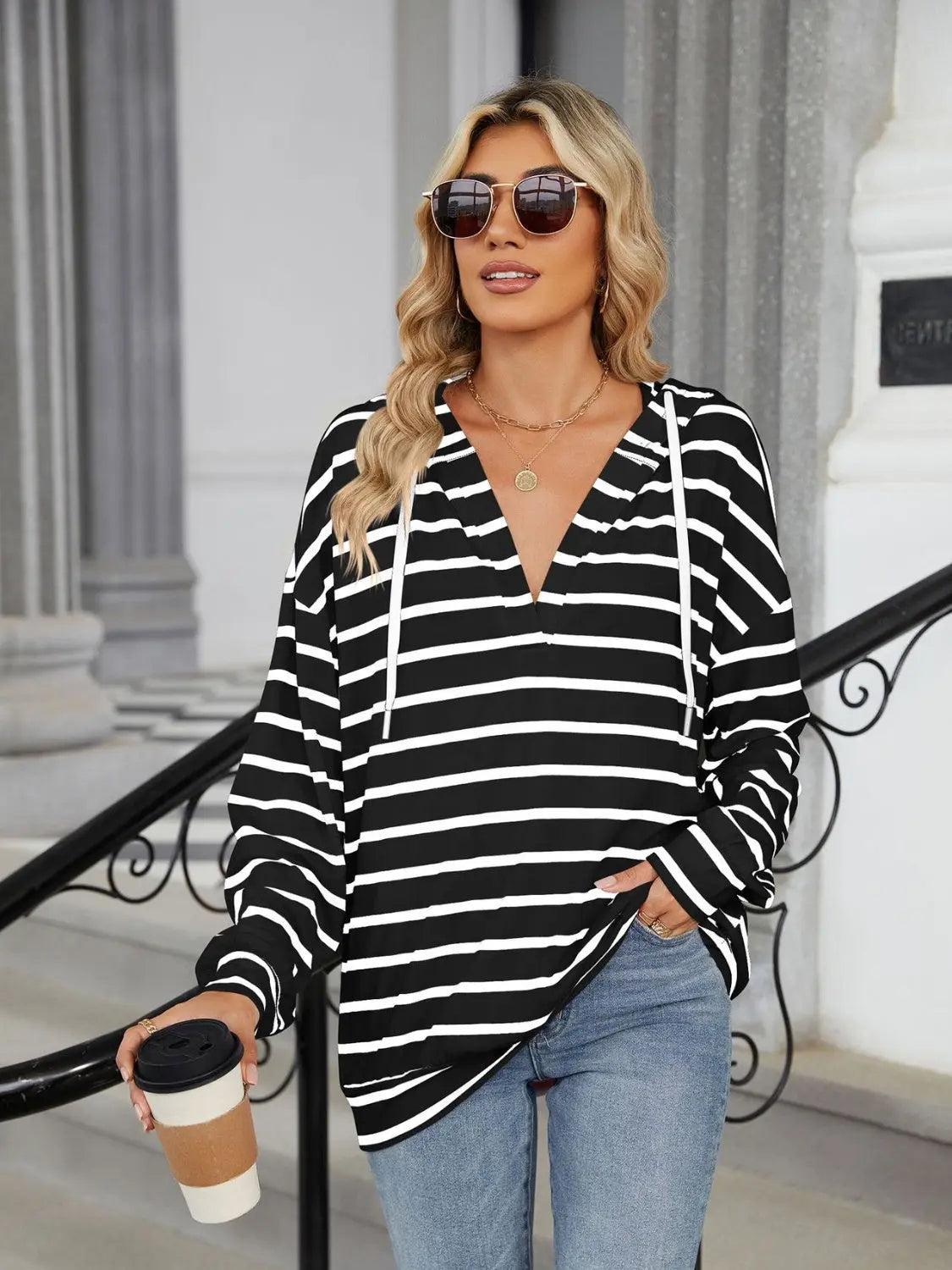 Drawstring Striped Long Sleeve Hoodie - ThingsWeUseAndLove Black-2XL