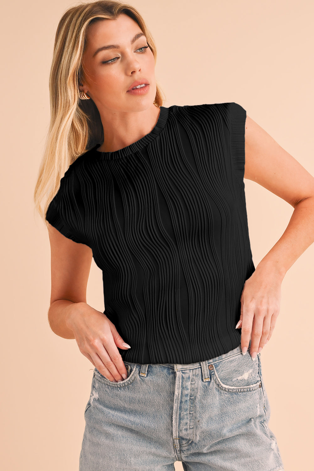 Wavy Textured Cap Sleeve Top - ThingsWeUseAndLove 