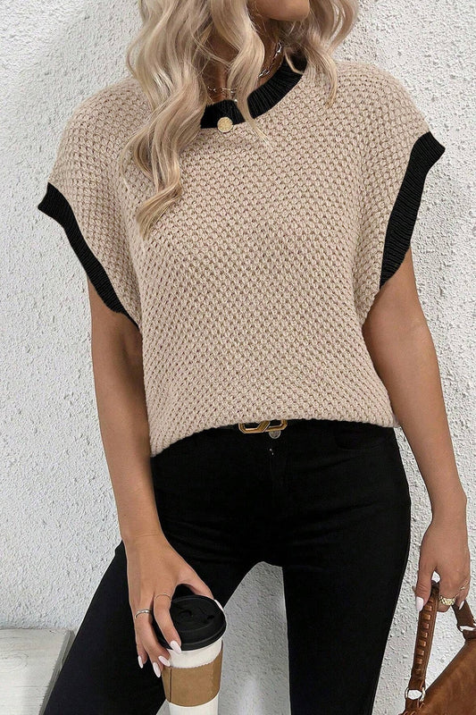 Black & Khaki Cap Sleeve Round Neck Knit Top - ThingsWeUseAndLove 