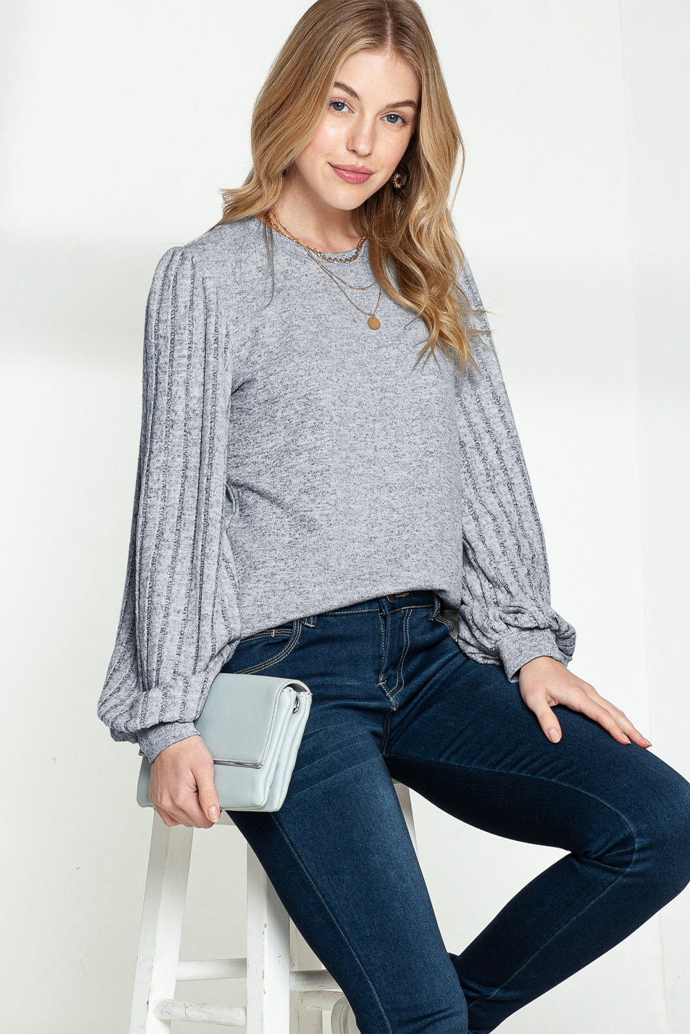 Gray Solid Color Contrast Ribbed Bishop Sleeve Top - ThingsWeUseAndLove 