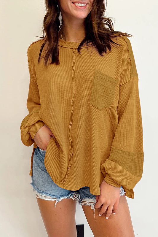 Crinkle Patchwork Long Sleeve Top - ThingsWeUseAndLove Brown-2XL