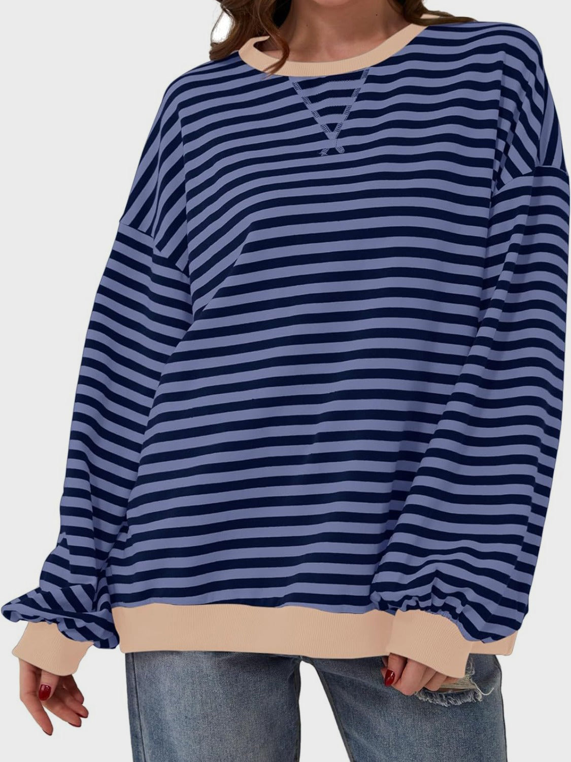 Aviana Contrast Striped Long Sleeve Sweatshirt - ThingsWeUseAndLove Navy-XL