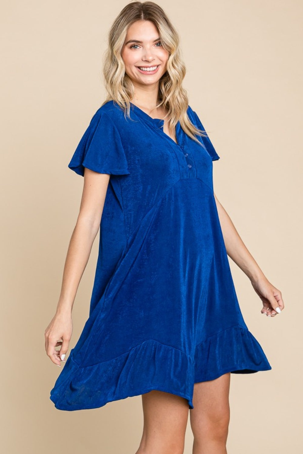 Simple Elegant Blue Short Sleeve Ruffled Asymmetric Hem Dress - ThingsWeUseAndLove 