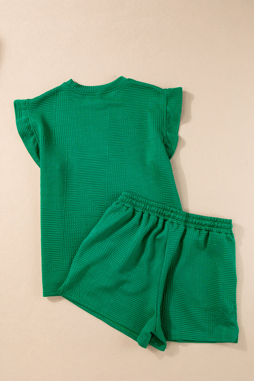 Dark Green Textured Ruffle Split Top and Drawstring Shorts - ThingsWeUseAndLove 