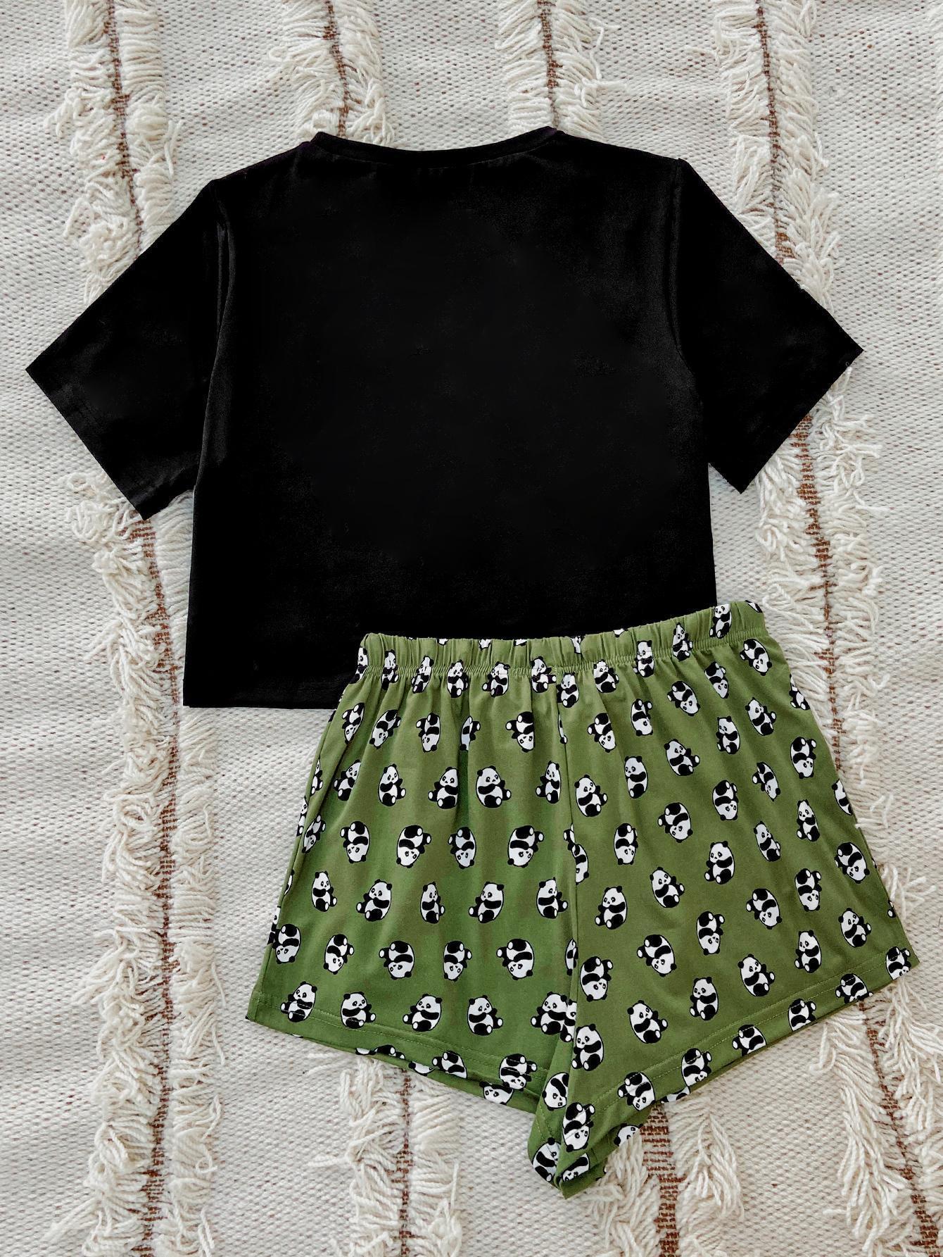 Kimia Graphic Tee and Panda Print Shorts Lounge Set - ThingsWeUseAndLove 