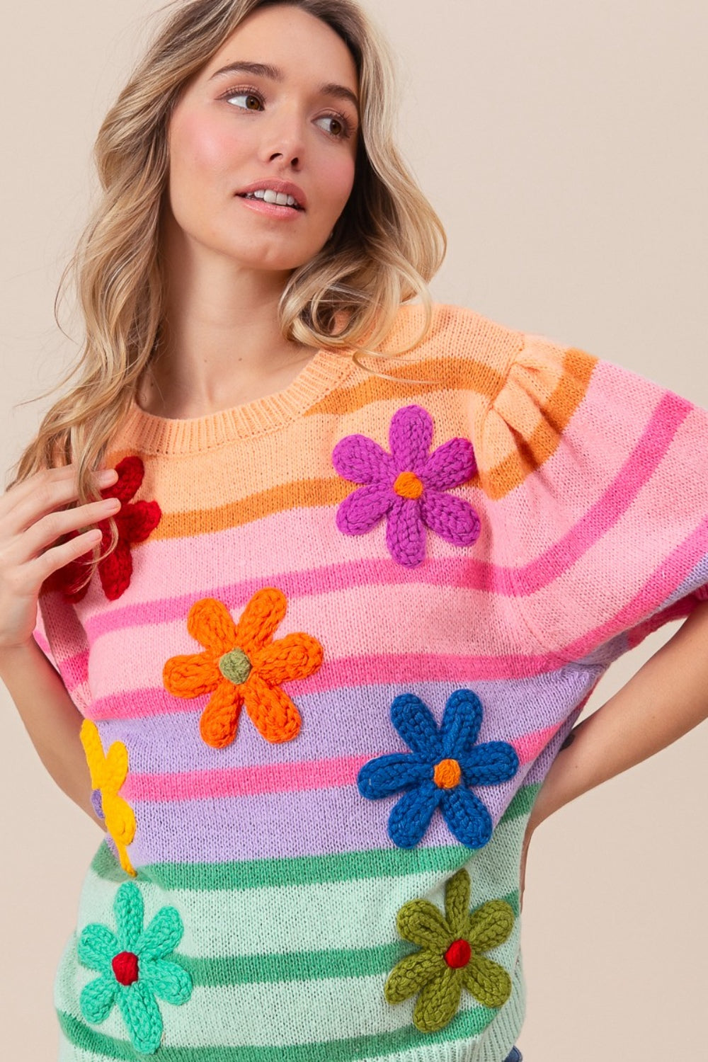 Rainbow & Flowers Puff Sleeve Striped Sweater - ThingsWeUseAndLove 