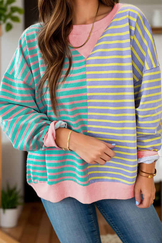 Wistar Contrast Stripes Round Neck Long Sleeve Sweatshirt - ThingsWeUseAndLove Turquoise-XL